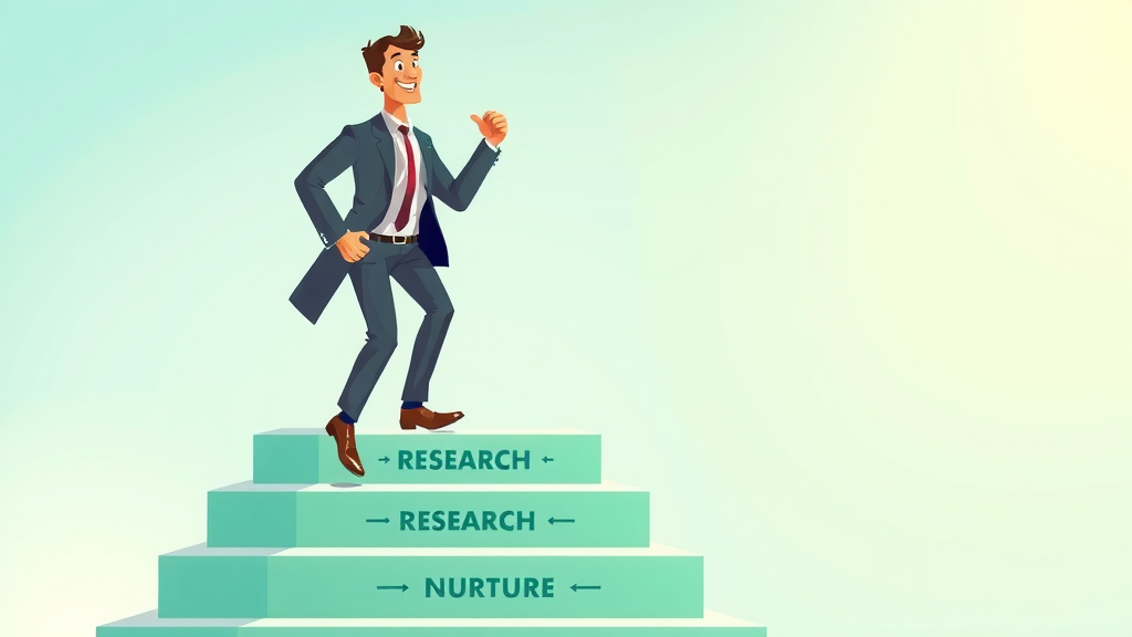businessperson walking up steps labeled with lead generation process stages, determined, ascending from research to nurture, 2D Cartoon, background shows each step as a bright platform, highly detailed, steps illuminated and dynamic, pastel blue and green, soft morning light, shot with a classic lens. Main Keyword: lead generation strategies