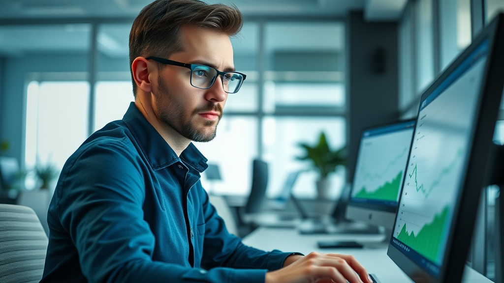 Analytical digital marketer reviewing ranking data and analytics for local SEO success in small business