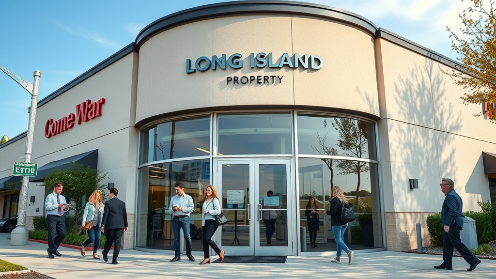 modern commercial property on Long Island, agents engaging with clients, scenic Suffolk County, recognizable architecture, Photorealistic - Long Island real estate growth tips