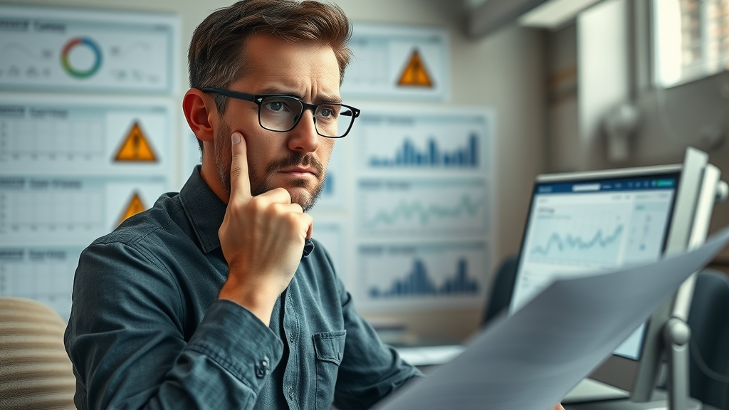 Entrepreneur noticing common Facebook marketing mistakes on campaign dashboard for small businesses