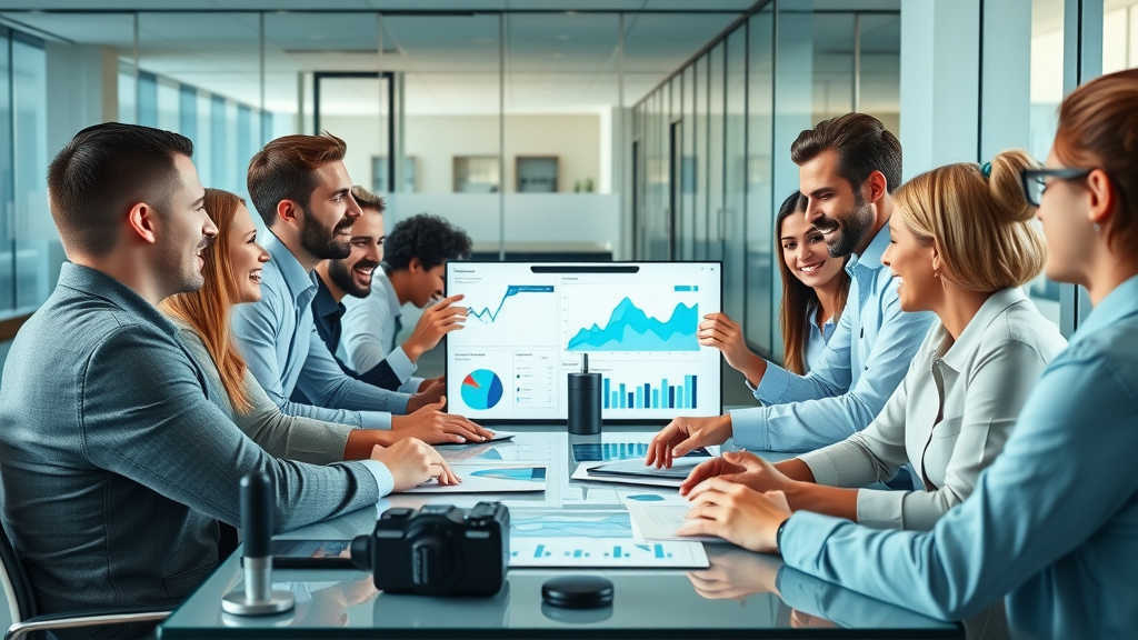 business professionals discussing video marketing strategies in a modern office environment, using digital devices and video equipment
