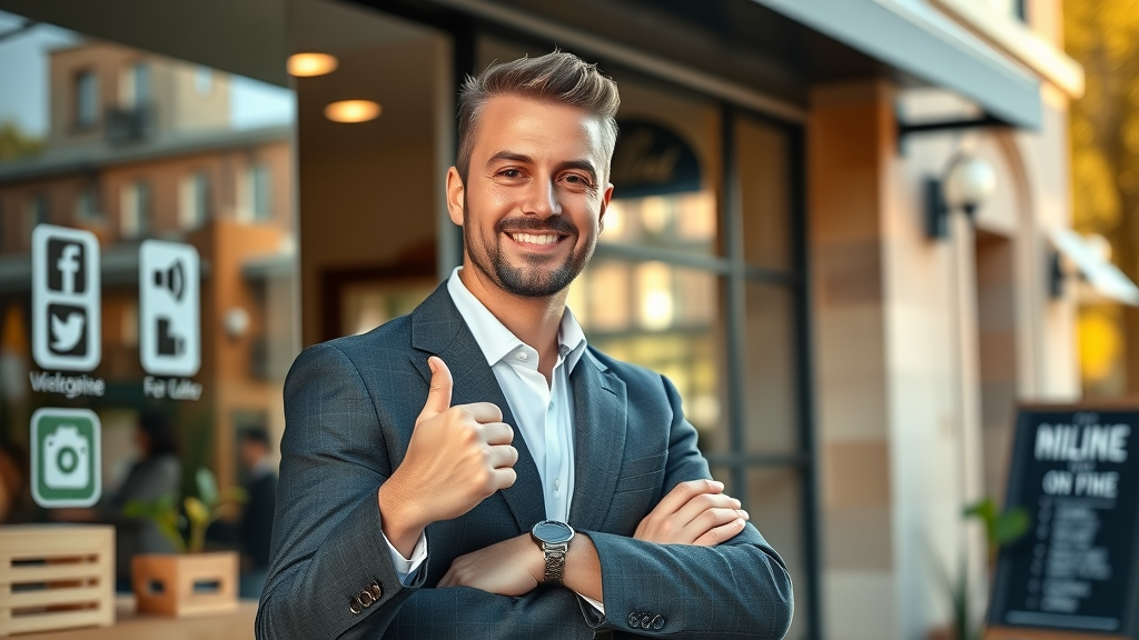 small business owner social media presence: confident entrepreneur outside urban storefront with social media logos