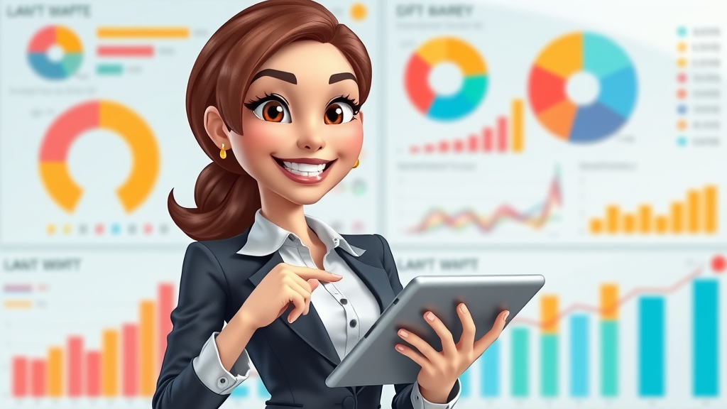Charismatic businesswoman with digital tablet analyzing customer demographics, target audience for small business marketing, animated infographics in background