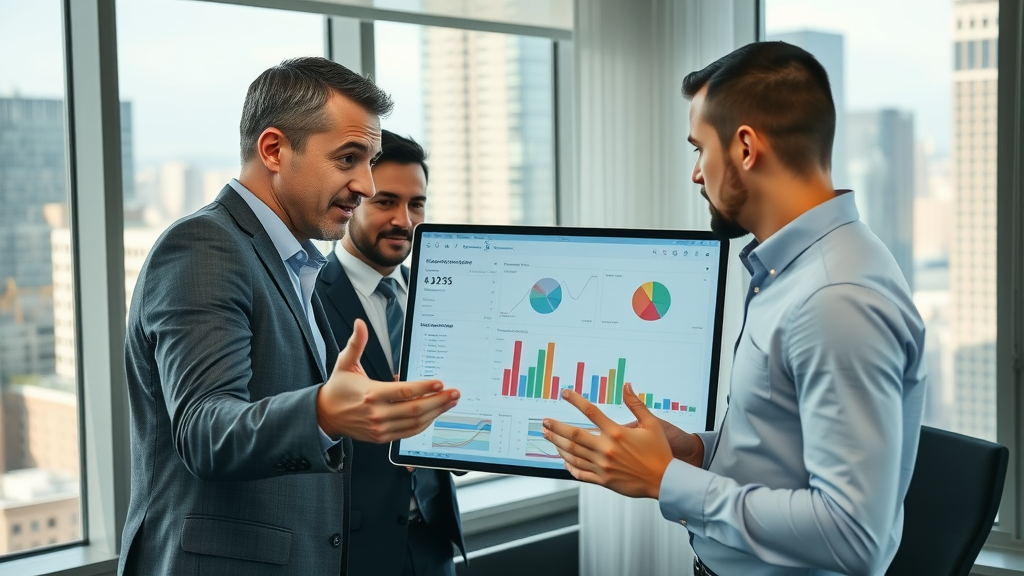 dynamic business professionals analyzing lead generation graphs, focused, collaborating around a large digital screen, Photorealistic High Fidelity Lifelike, modern office with city views, highly detailed, movement in discussion and gesturing, crisp colors, natural daylight from windows, shot with a 35mm lens. Main Keyword: lead generation strategies
