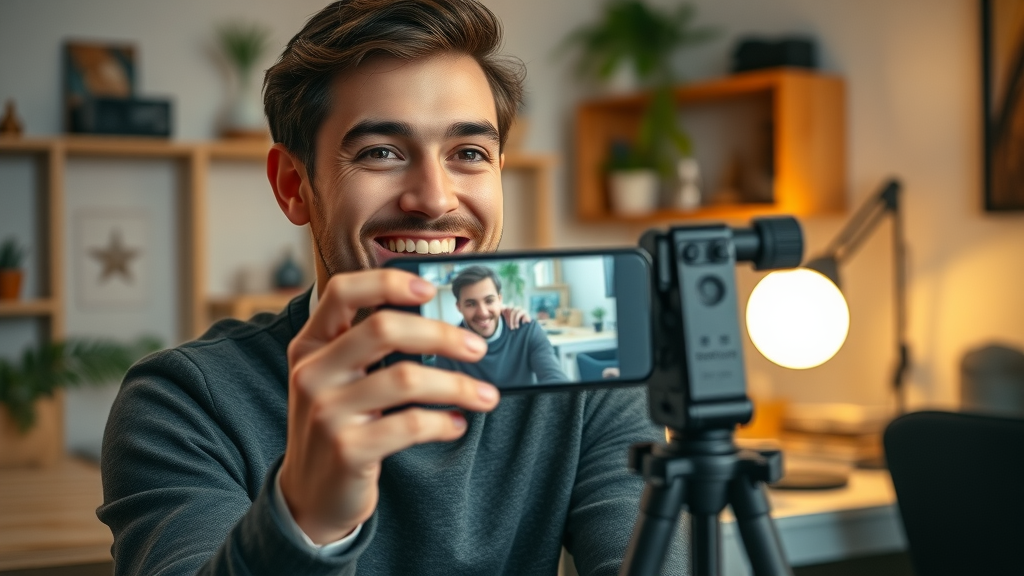 Young entrepreneur creating video content at home with smartphone and DIY lighting