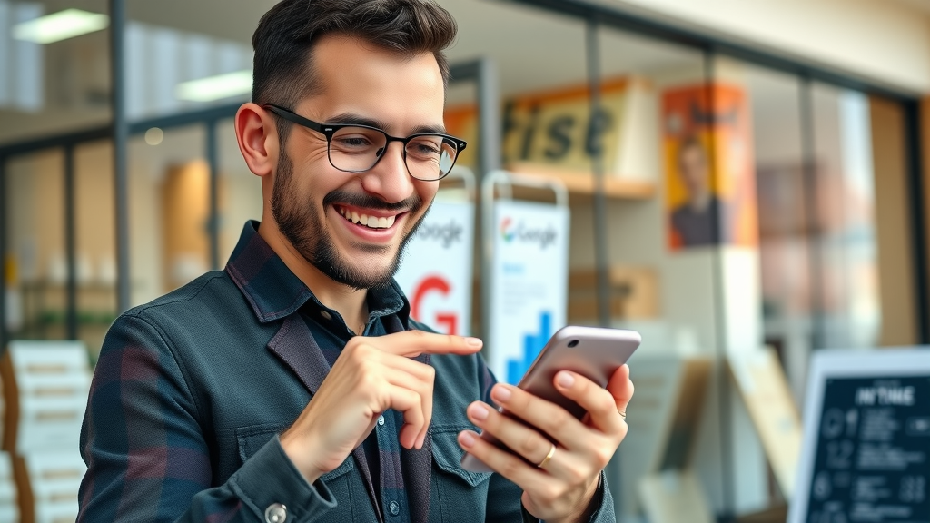 Enthusiastic small business owner optimizing their Google Business Profile via phone, showcasing practical local SEO steps