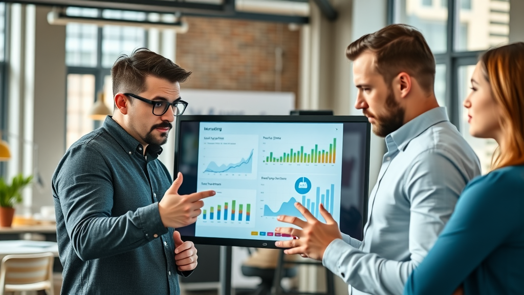 modern small business team collaborating, determined expressions, reviewing digital marketing analytics on a large touchscreen monitor, urban office with branding samples, team interaction and data graphs