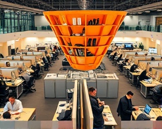 synchronized agency funnel, harmonious teamwork, executing plans, photorealistic, bustling agency floor with diverse backgrounds, highly detailed, buzzing activity and focused work, finely tuned precision, earth tones with bright accents, ambient desk lighting, shot with a 28mm wide-angle lens.