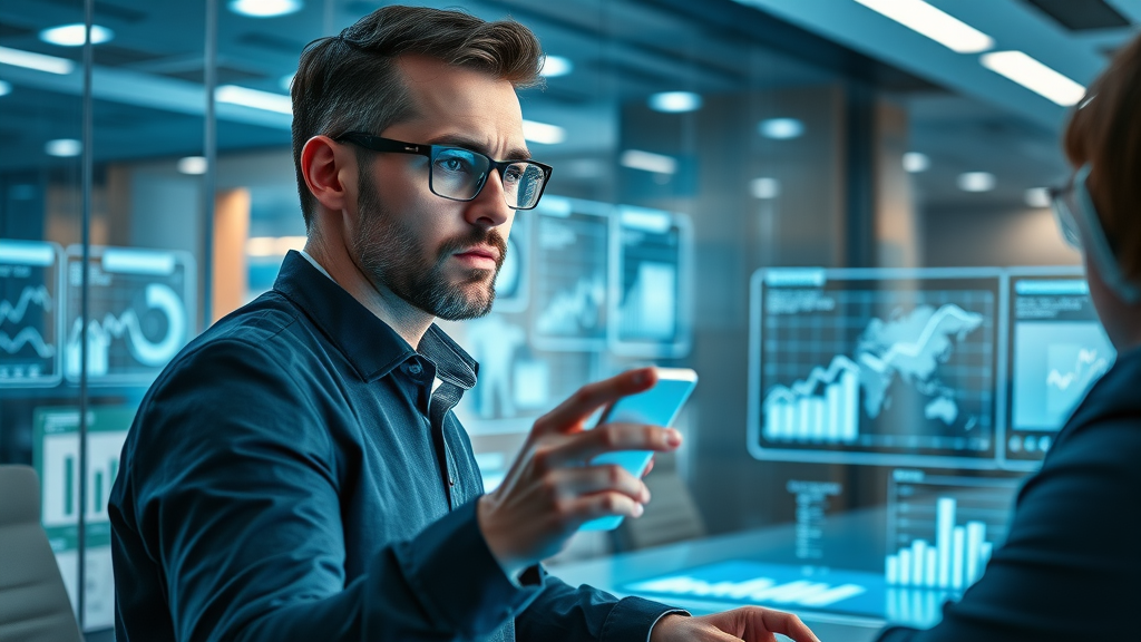 Digital marketing analyst presenting data insights for analytics-driven online marketing tips in a modern glass-walled meeting room