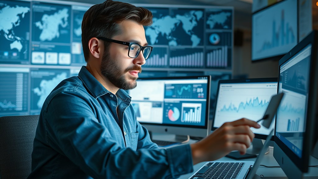 Social media and blogging Long Island: Energetic social media manager analyzing trending platforms with analytics, Long Island maps and charts, dynamic data flow