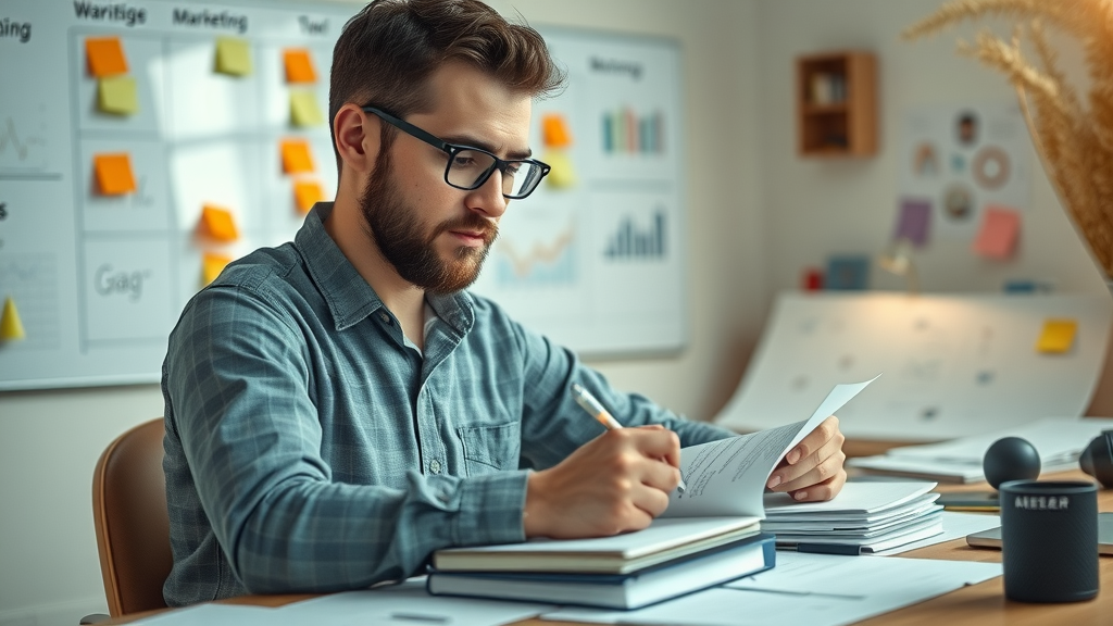 Thoughtful marketer planning digital marketing strategy using a digital planner and creative workspace; marketing strategy elements