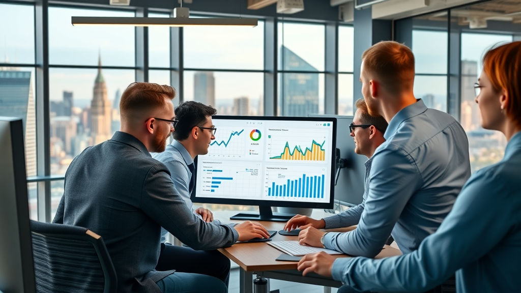 energetic marketing team monitoring campaign results digital marketing strategies dashboards city view