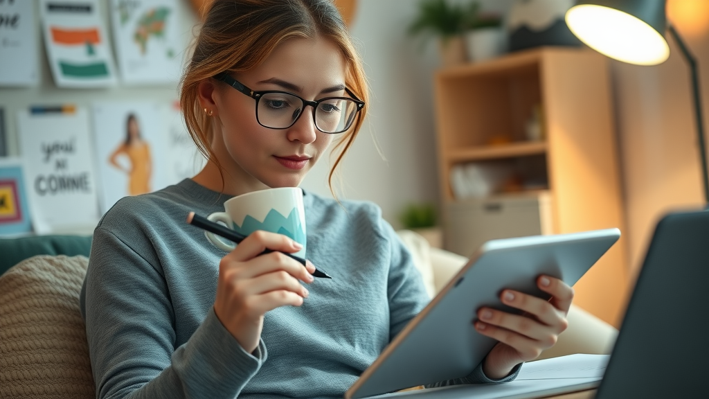 Small business owner planning content strategy with tablet in cozy office
