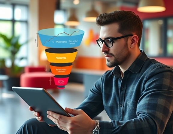 dynamic marketing funnel, focused expression, strategizing improvements, photorealistic, contemporary coworking space with vibrant decor, highly detailed, animated diagrams on tablets, high-resolution texture, saturated tones, soft ambient lighting, shot with an 85mm lens.