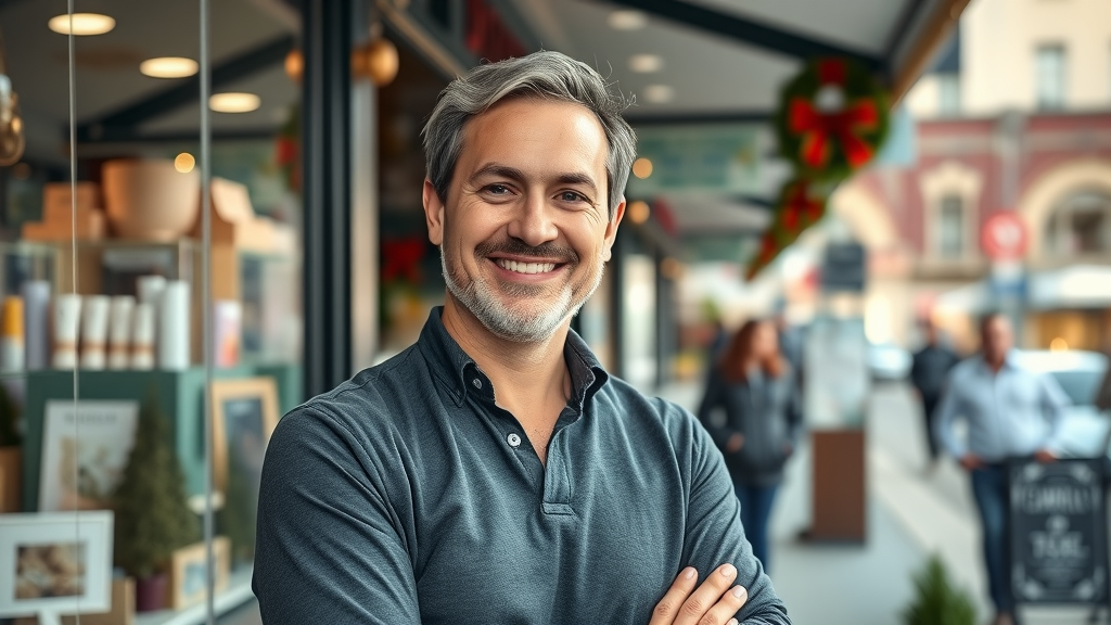 Instagram marketing Long Island small business owner in retail storefront with bustling Main Street background, natural daylight
