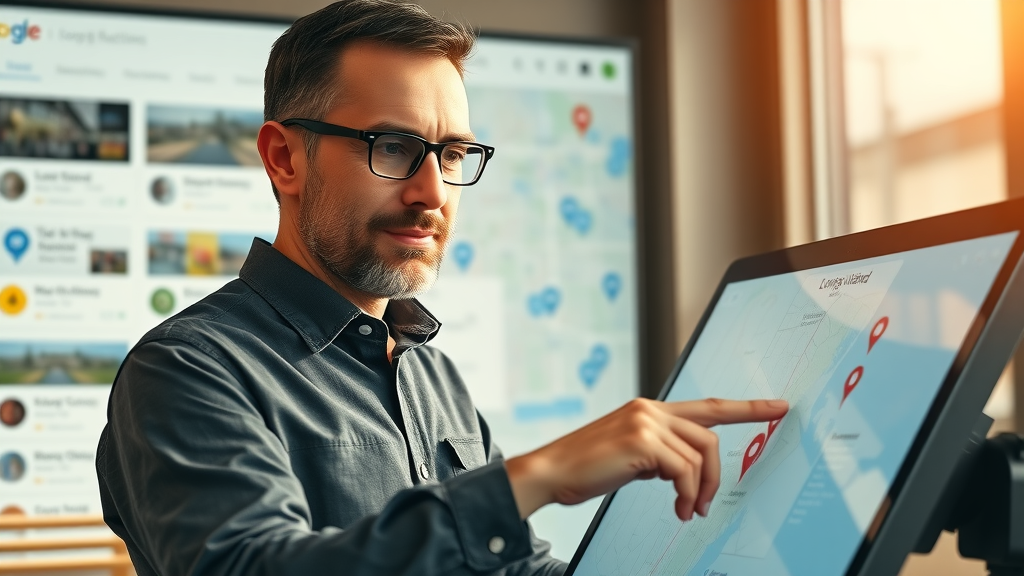 local SEO for Long Island: business manager reviewing Google Maps pins and reviews, LI map in background