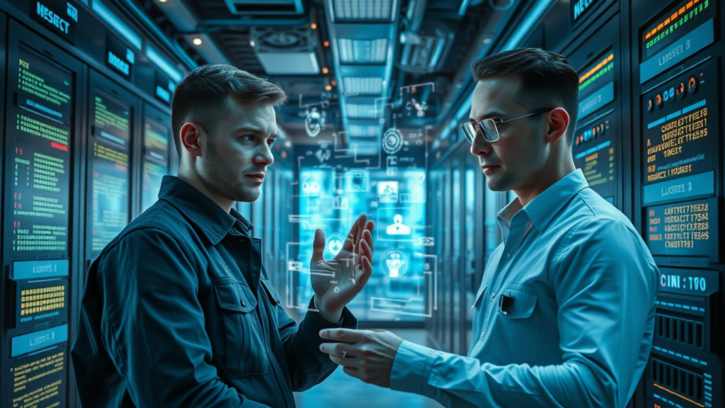 futuristic server room, engineers configuring Google AI Mode algorithms, glowing screens, real-time code streams and algorithmic data projections