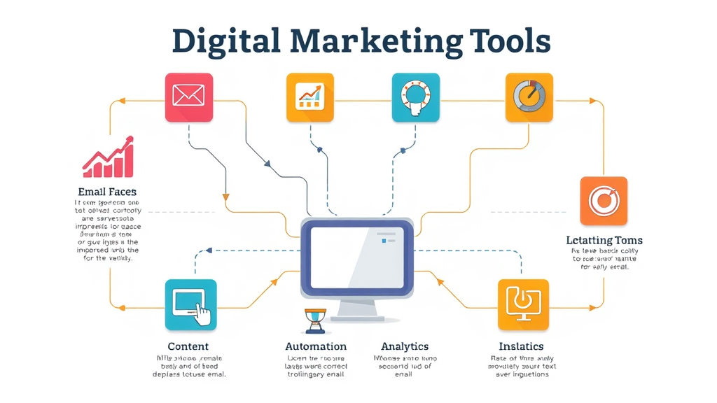 digital marketing tool infographic lists features content social analytics automation