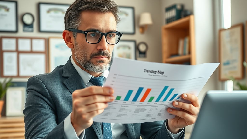 business consultant reviewing trending blog topics, blog ideas and analytics