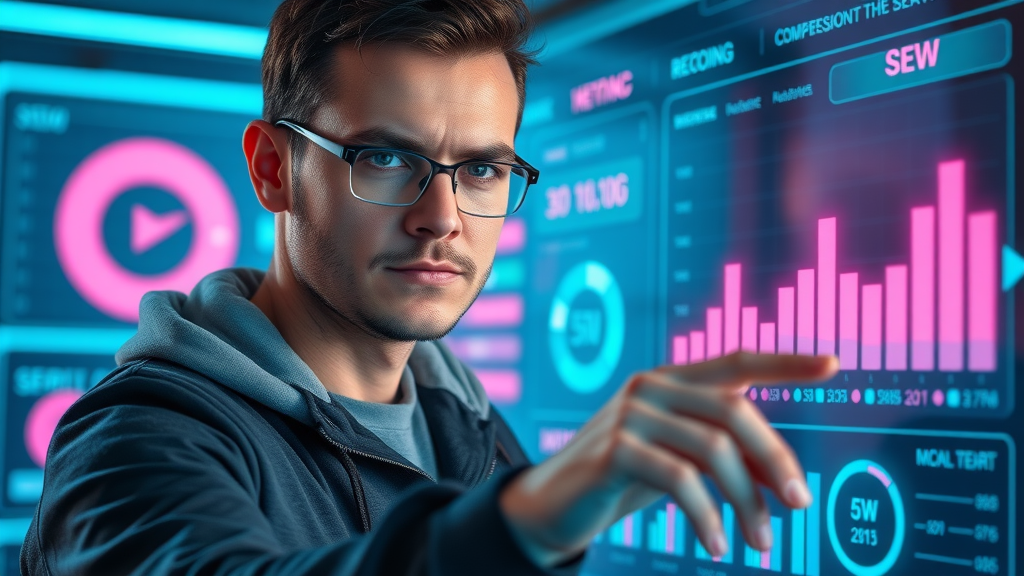 Business owner optimizing website SEO settings with glowing SEO metrics on futuristic dashboard