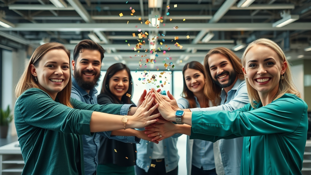 collaborative team celebrating successful email referral program for list building