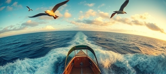 visionary agency adventure, inspired, sailing across the ocean, photorealistic, open sea with distant horizon, highly detailed, waves crashing and seagulls overhead, high dynamic range, deep blues and foamy whites, golden hour lighting, shot with a 16mm fisheye lens
