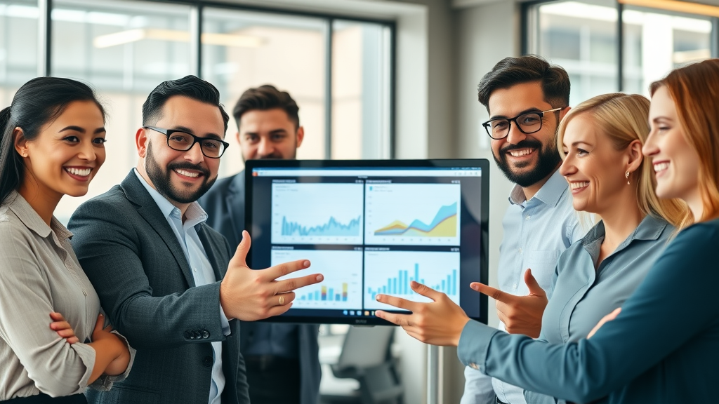 Inspirational small business workspace blogger analyzing blog traffic analytics, lively office environment, blogging strategies for small businesses