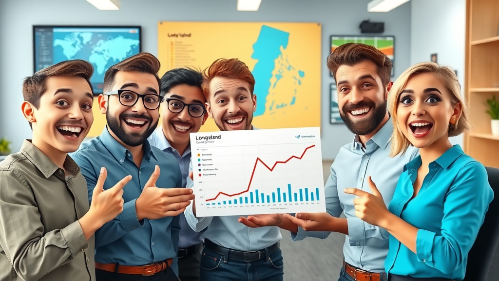 lead generation Long Island digital marketing team reviewing conversion statistics happy clients
