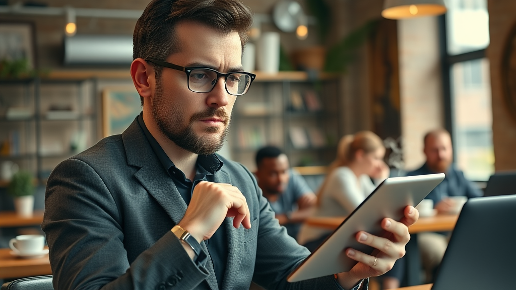 Determined entrepreneur analyzing market trends on tablet, business marketing, cozy cafe environment, small business owner