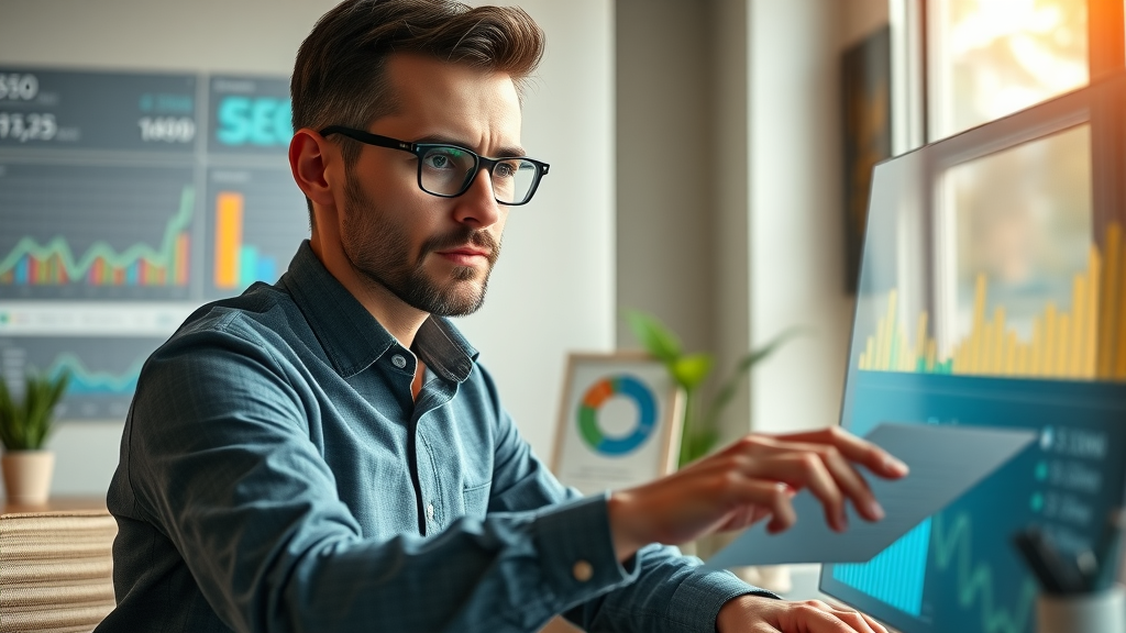 marketing professional reviewing dashboard with AI-powered visibility metrics and transparent SEO overlays. Img_Alt_Text: analyzing google ai mode seo metrics in workspace