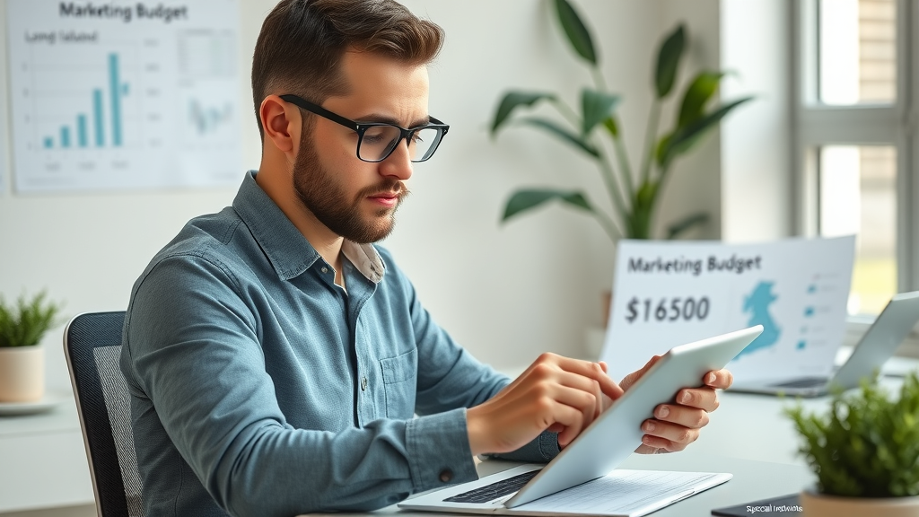 organized small business owner calculating marketing budget, thoughtful expression, office setting with Long Island map and financial charts, neat workspace with plants