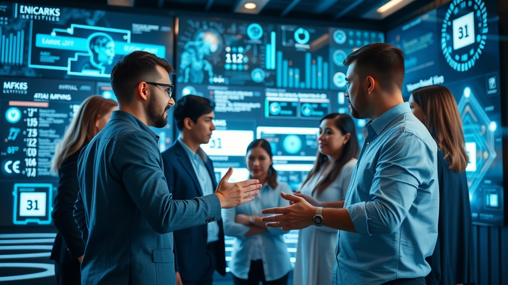 AI automation for Long Island businesses: agency team engaging with AI chatbot screens, marketing automation, futuristic office