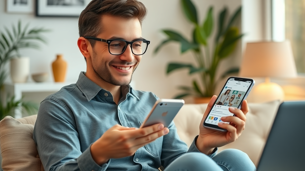 Dedicated entrepreneur organizing social media posts on multiple devices in cozy home office