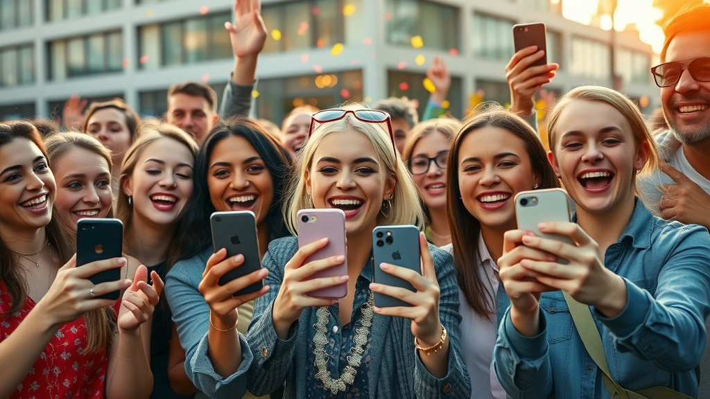 engaging influencer group capturing user-generated content, social media platforms, diverse crowd, urban setting, vibrant social media marketing energy