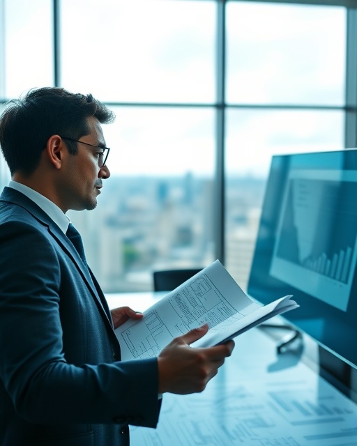 sophisticated funnel design, contemplative expression, drafting blueprints, photorealistic, glass-walled conference room with cityscape view, highly detailed, interactive touchscreen boards, depth of field, cool color tones, overhead lighting, shot with a 35mm lens.