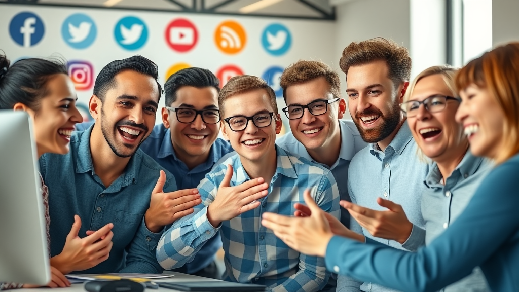 cheerful digital marketing team collaborating on a social media campaign strategy in an open workspace