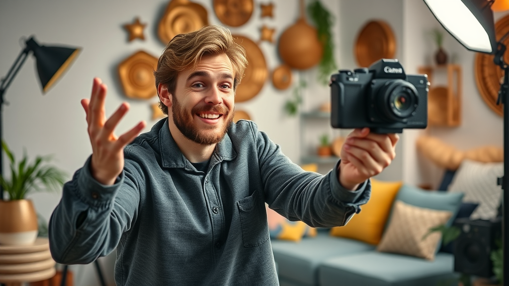 Engaging influencer recording social media video for online marketing tips in a creative home studio