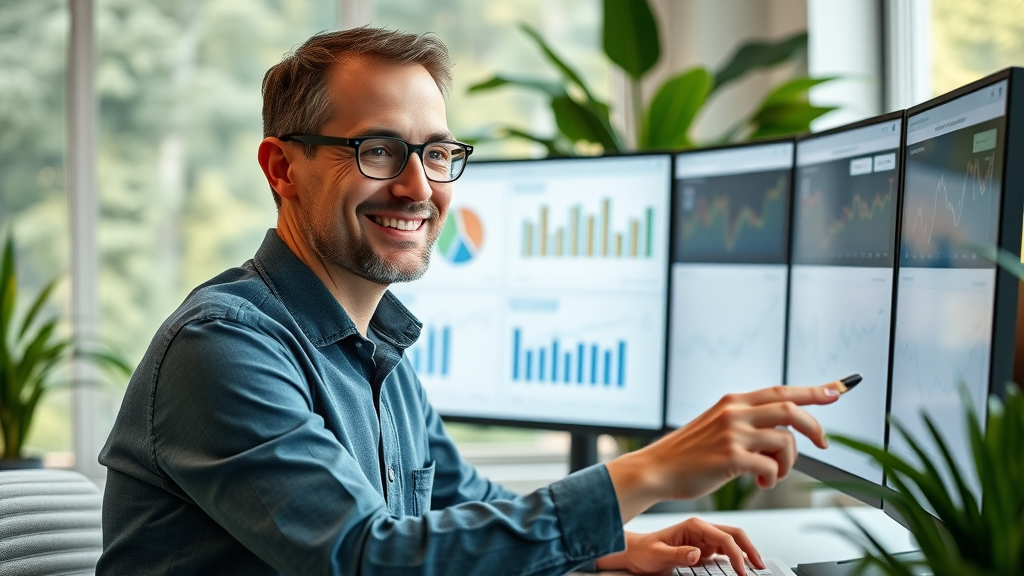 confident marketer analyzing analytics dashboard, satisfied, reviewing performance metrics on large screens, Photorealistic High Fidelity Lifelike, modern home office with greenery in background, highly detailed, data charts animating, neutral tones, mix of natural and artificial light, shot with a portrait lens. Main Keyword: lead generation strategies