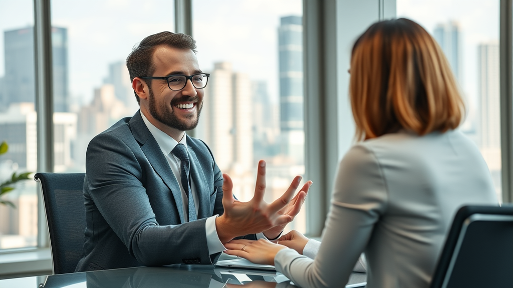 Business consultant inviting client for an online marketing tips strategy session in a professional modern office