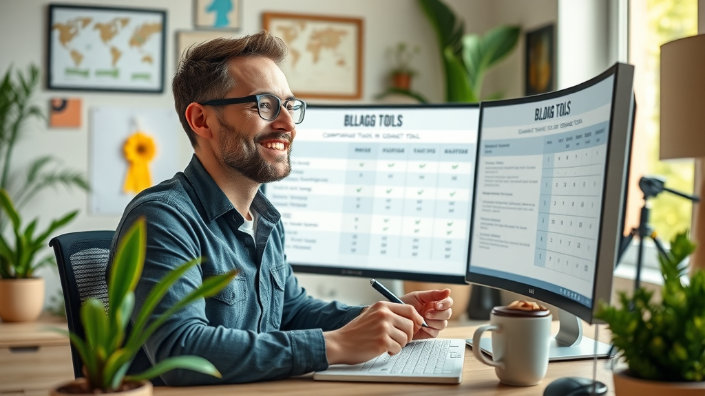 inspired business owner comparing blogging tools for entrepreneurs on a computer with comparison charts and vision board