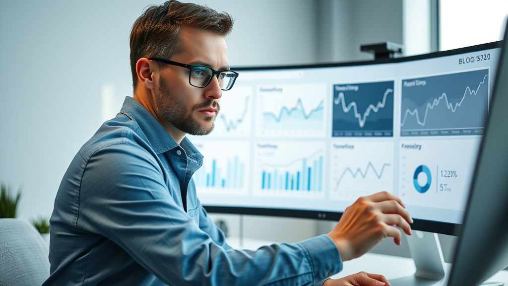 Professional analyst, reviewing blog analytics dashboard, business blogging success for small businesses