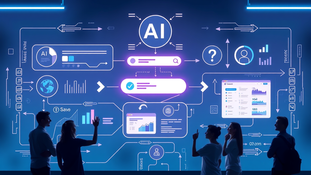 infographic showing data flow from user query through AI to search results with user reactions. Cinematic, high tech background. Img_Alt_Text: generative ai processing user query to results visualization