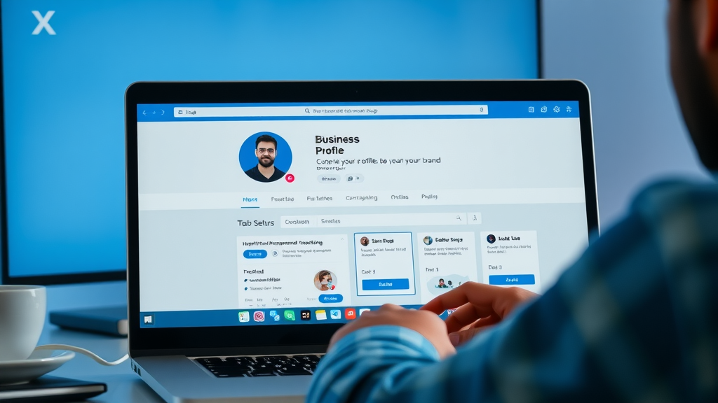 business account setup interface with user customizing X formerly Twitter branding elements on laptop