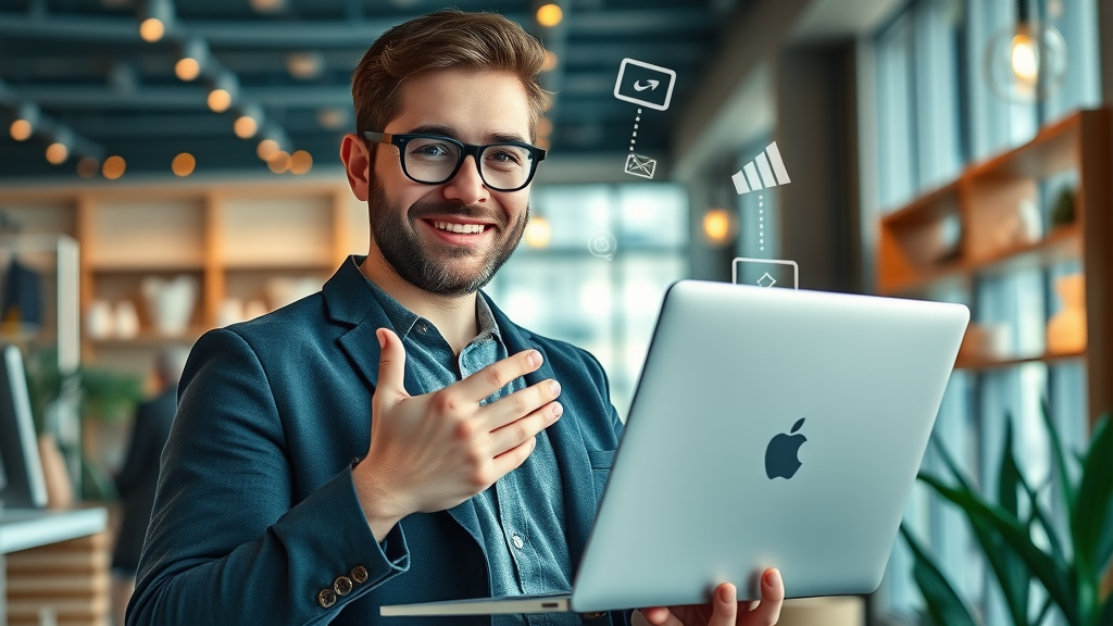 inspiring small business owner with laptop and digital marketing icons floating, upscale retail store background