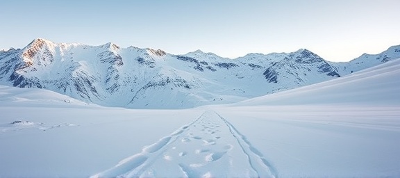 bold agency expedition, fearless, trekking through snow, photorealistic, snowy mountain range with clear skies, highly detailed, swirling snowflakes and footprints, panoramic shot, crisp whites and blues, twilight glow, shot with a 21mm wide-angle lens