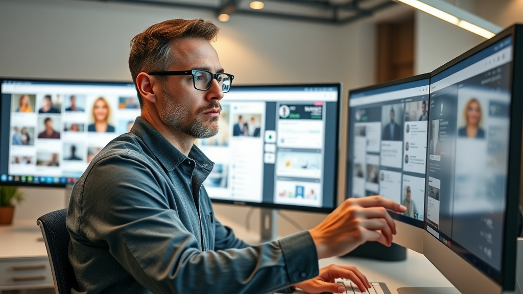 marketing specialist optimizing business profiles on various social apps, updating imagery and bios for consistent brand messaging