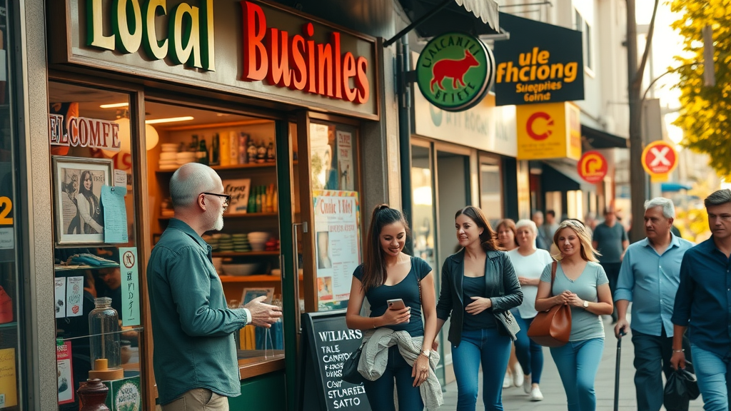 vibrant local business storefront with owner greeting customers, local business blogging ideas