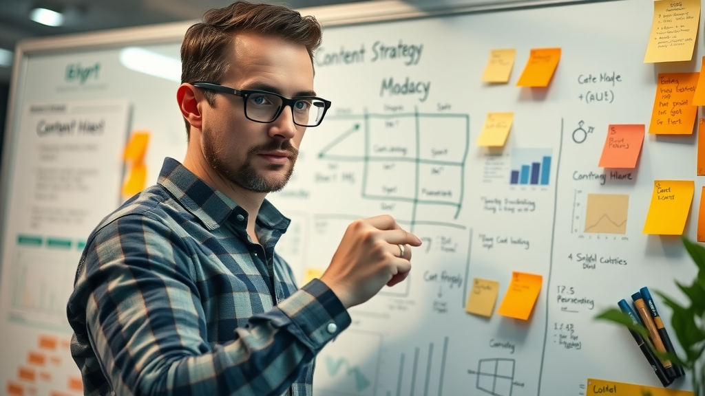 meticulous marketer planning a content marketing strategy on a whiteboard, focused, content strategy creation