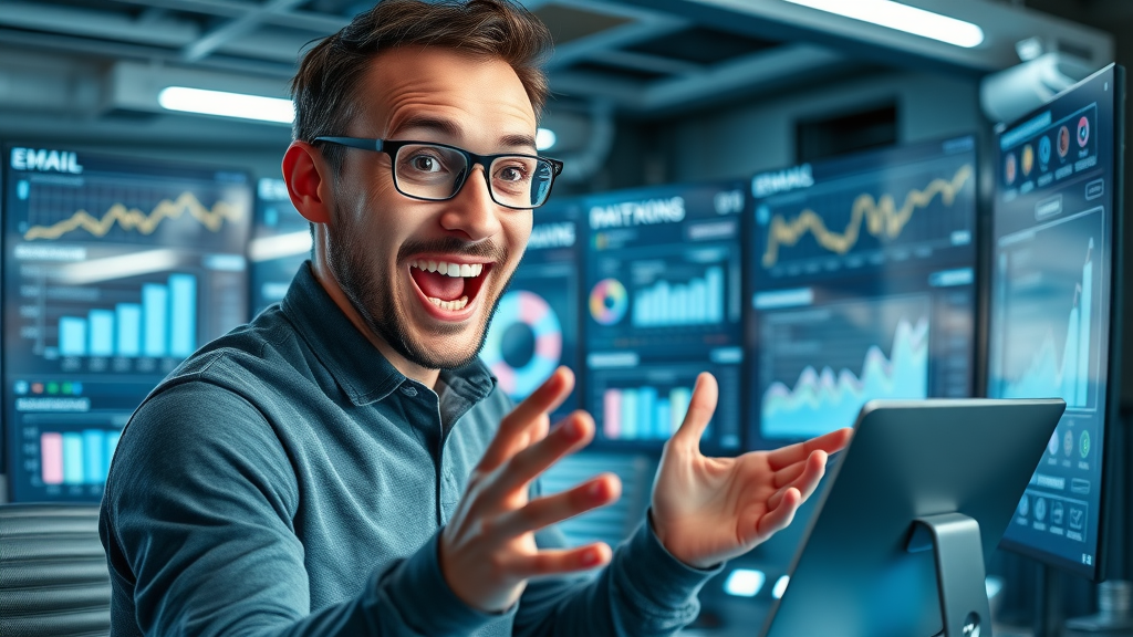 Email marketing for small businesses motivated marketer, excited expression, designing email campaign, digital dashboard, email analytics on screens