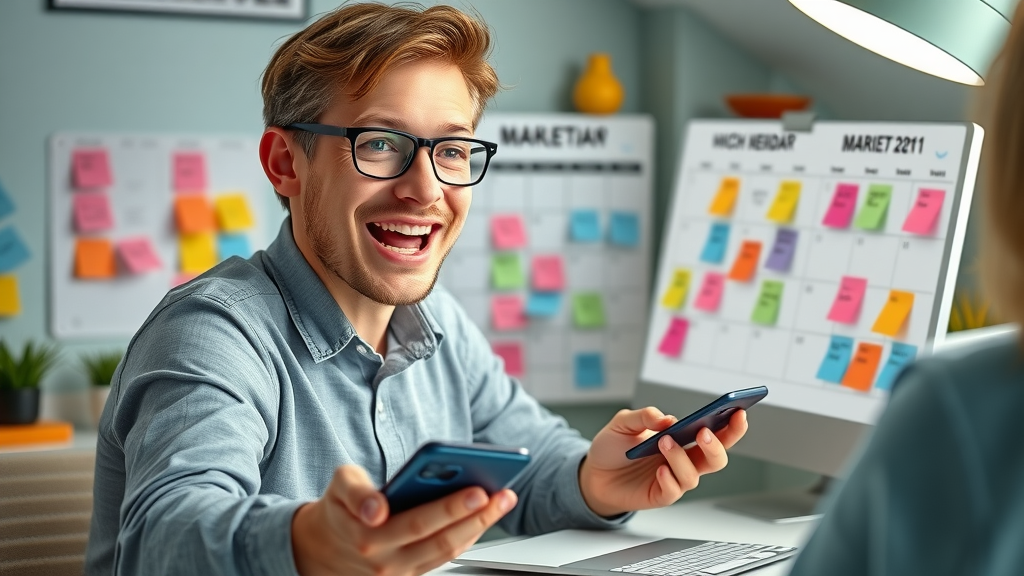 creative marketing manager, scheduling social media posts on a digital calendar, content creation, mobile devices, social media marketing plan, color-coded sticky notes